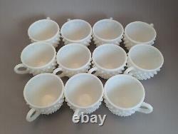 Extremely Rare Vintage Fenton Hobnail Milk Glass Punch Bowl With Handle + 11 Cups