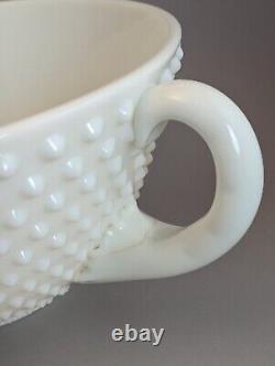 Extremely Rare Vintage Fenton Hobnail Milk Glass Punch Bowl With Handle + 11 Cups