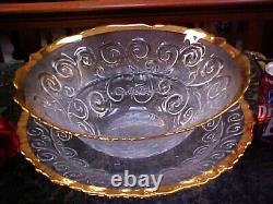 FAB Glass Punch or Salad Bowl & Large Under Plate 3D SCROLLS GOLD PLATE ITALY