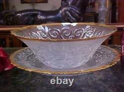 FAB Glass Punch or Salad Bowl & Large Under Plate 3D SCROLLS GOLD PLATE ITALY