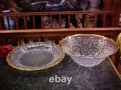 FAB Glass Punch or Salad Bowl & Large Under Plate 3D SCROLLS GOLD PLATE ITALY