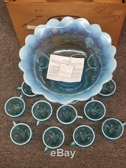 FENTON BLUE OPAL PANELED GRAPE GLASS PUNCH BOWL SET 12 CUPS ORIG BOX label BASE