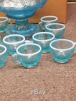 FENTON BLUE OPAL PANELED GRAPE GLASS PUNCH BOWL SET 12 CUPS ORIG BOX label BASE