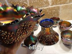 FENTON Carnival Glass ORANGE TREE Punch Bowl with Base & 6 cups Electric Blue