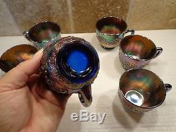 FENTON Carnival Glass ORANGE TREE Punch Bowl with Base & 6 cups Electric Blue