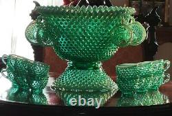 FENTON Green Opalescent Hobnail Punch Bowl & 22 Cups Uranium Glass Triple Boxed