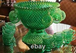 FENTON Green Opalescent Hobnail Punch Bowl & 22 Cups Uranium Glass Triple Boxed