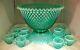 FENTON HOBNAIL BLUE GREEN OPALESCENT 14-PIECE FOOTED PUNCH BOWL SET with12 CUPS