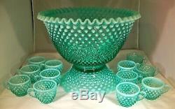 FENTON HOBNAIL BLUE GREEN OPALESCENT 14-PIECE FOOTED PUNCH BOWL SET with12 CUPS