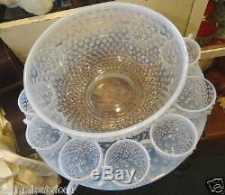 Fenton Opalescent Hobnail Punch Bowl, Underplate & Cups