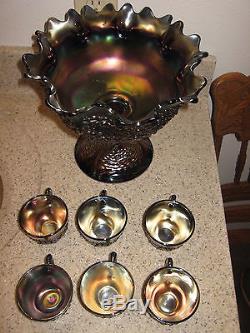 FENTON ORANGE TREE CARNIVAL GLASS PUNCH BOWL & STAND & 6 CUPS AMETHST COLOR