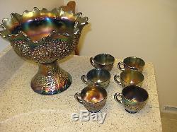 FENTON ORANGE TREE CARNIVAL GLASS PUNCH BOWL & STAND & 6 CUPS AMETHST COLOR