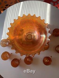 FENTON Orange Tree ANTIQUE CARNIVAL ART GLASS PUNCH SET MARIGOLD COMPLETE BOWL