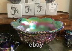 FENTON SIGNED 9750CN Carnival Glass Punch Bowl Amethyst Base Matching Cups