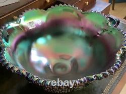 FENTON SIGNED 9750CN Carnival Glass Punch Bowl Amethyst Base Matching Cups
