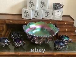 FENTON SIGNED 9750CN Carnival Glass Punch Bowl Amethyst Base Matching Cups