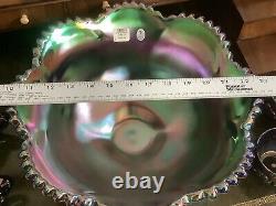 FENTON SIGNED 9750CN Carnival Glass Punch Bowl Amethyst Base Matching Cups