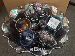 FENTON historical PANEL GRAPE CARNIVAL GLASS PUNCH BOWL SET CUPS BOX label BASE