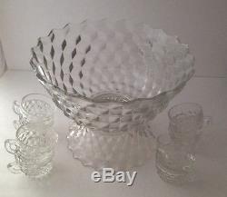 FOSTORIA AMERICAN Clear 13-1/2 Glass PUNCH BOWL, Pedestal 8 Cups Footed Crystal