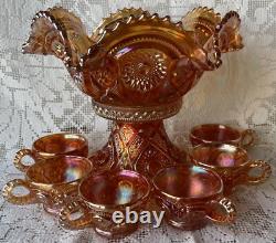 Fashion Marigold Punch Bowl, Stand And 6 Cups Carnival Imperial Glass 1915-1920