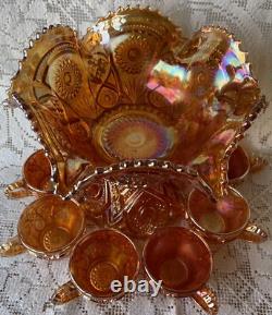 Fashion Marigold Punch Bowl, Stand And 6 Cups Carnival Imperial Glass 1915-1920