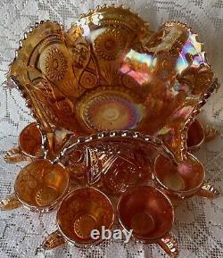 Fashion Marigold Punch Bowl, Stand And 6 Cups Carnival Imperial Glass 1915-1920