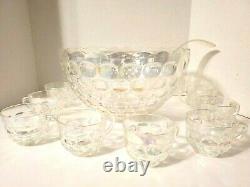 Federal Glass Clear Iridescent Thumbprint Punch Bowl 10 Piece Set Cups Ladle