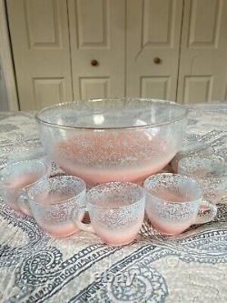 Federal Glass Punch Bowl & 7 Cups-MCM Pink Ombre Blue Spaghetti Drizzle Unique