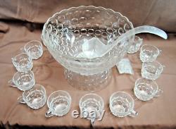 Federal Glass Thumbprint Yorktown Colonial Punch Bowl Set 15+ Pcs Vintage L2881