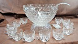 Federal Glass Thumbprint Yorktown Colonial Punch Bowl Set 15+ Pcs Vintage L2881