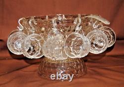 Federal Glass Thumbprint Yorktown Colonial Punch Bowl Set 15+ Pcs Vintage L2881