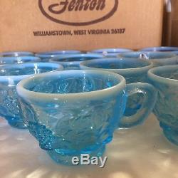 Fenton 11 Pc Stiegel Blue Opalescent Paneled Grape Punch Bowl Cups withoriginalBox