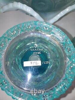 Fenton AQUAMARINE IRIDESCENT HOBSTAR Punch Bowl With 4 glasses 2005 Platinum Aqua