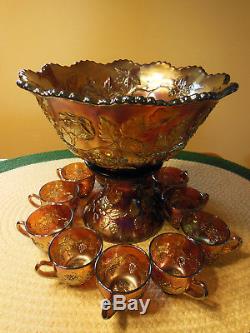Fenton Amethyst Carnival Glass Punch Bowl Set Wreath Of Roses & Grape Vine