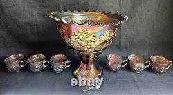 Fenton AmethystWreath Of Roses Persian Medallion Punch Bowl Set With7 Cups RARE