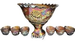 Fenton AmethystWreath Of Roses Persian Medallion Punch Bowl Set With7 Cups RARE