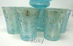 Fenton Aqua Blue Opalescent Iridized Punchbowl with Stand 8 Tumblers 4270 SN