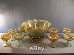 Fenton Aqua Marigold Opalescent Hobnail Champagne Punch Bowl Set with 8 Sherbets