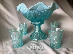 Fenton Art Glass 2005 Platinum Collection Aquamarine Opalescent Punch Bowl