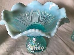 Fenton Art Glass 2005 Platinum Collection Aquamarine Opalescent Punch Bowl