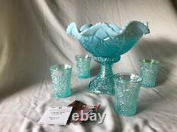 Fenton Art Glass 2005 Platinum Collection Aquamarine Opalescent Punch Bowl