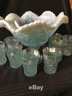 Fenton Art Glass, Aquamarine Punch Bowl with8 Tumblers, #4270 9N & 4272 4Y