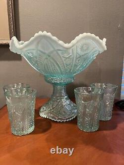 Fenton Art Glass Hobstar Aquamarine Opalescent Punch Bowl