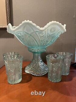 Fenton Art Glass Hobstar Aquamarine Opalescent Punch Bowl