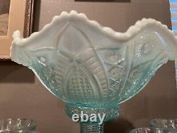 Fenton Art Glass Hobstar Aquamarine Opalescent Punch Bowl