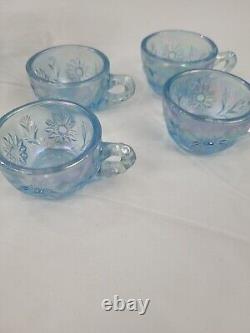 Fenton Art Glass Misty Blue Irredescent /Plum Crest Mini Punch Bowl & 4 Cups QVC
