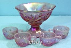 Fenton Art Glass Rose Pearl Miniature Punch Bowl Set- Hobstar/feather Design