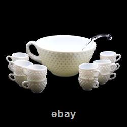 Fenton Art Glass White Hobnail Handled Punch Bowl, 12 Punch Cups & Ladle