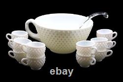 Fenton Art Glass White Hobnail Handled Punch Bowl, 12 Punch Cups & Ladle