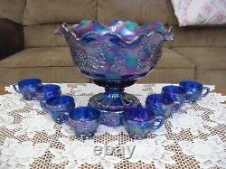 Fenton Blue Carnival Glass Paneled Grape Bunch Bowl Set